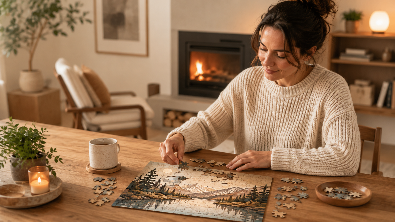 Woman assembling a wooden jigsaw puzzle during a quiet evening