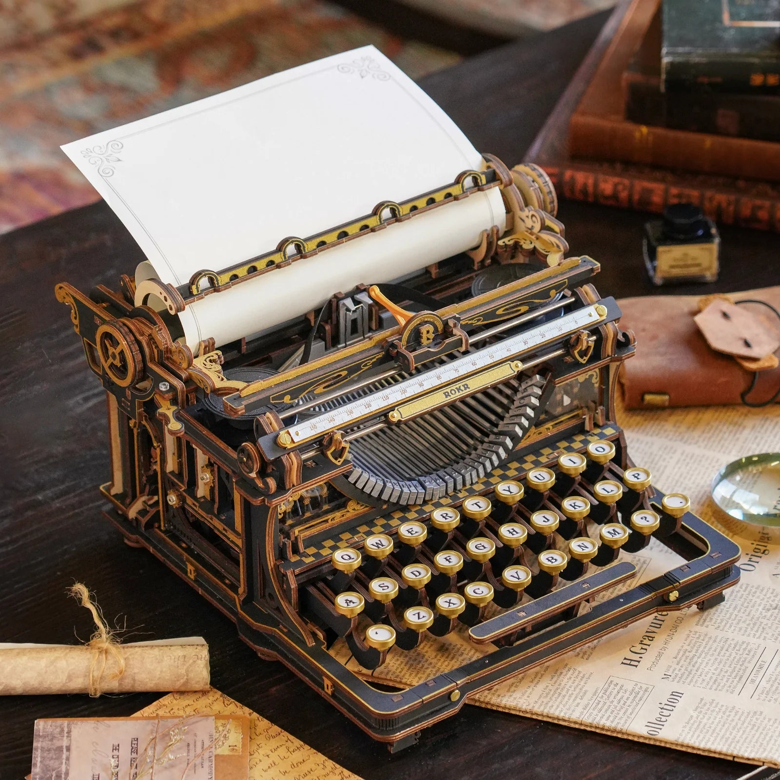 3D Wooden Mechanical Puzzle Kit, Mechanical Typewriter (Classic Version) (LK703Be)