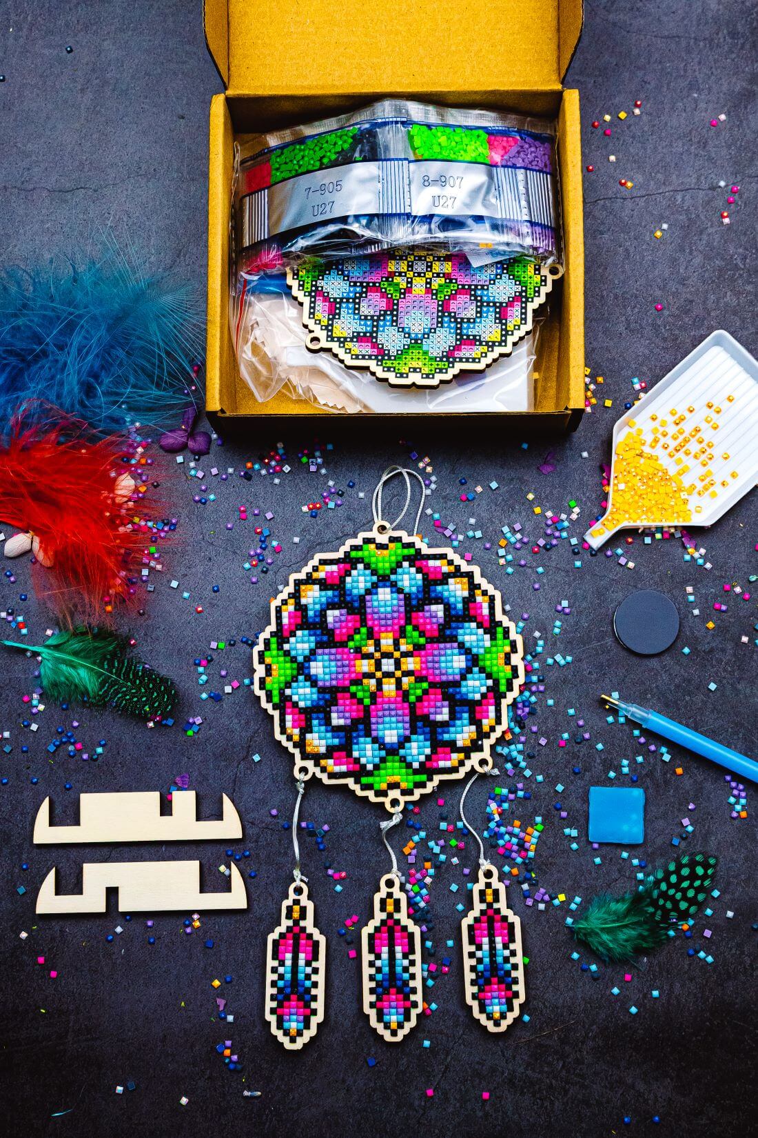 5D Diamond Painting 12.5x12.5 cm | Pendant Dreamcatcher Flower | Wooden Base (U27e) – Diamond painting | Varvikas.Shop