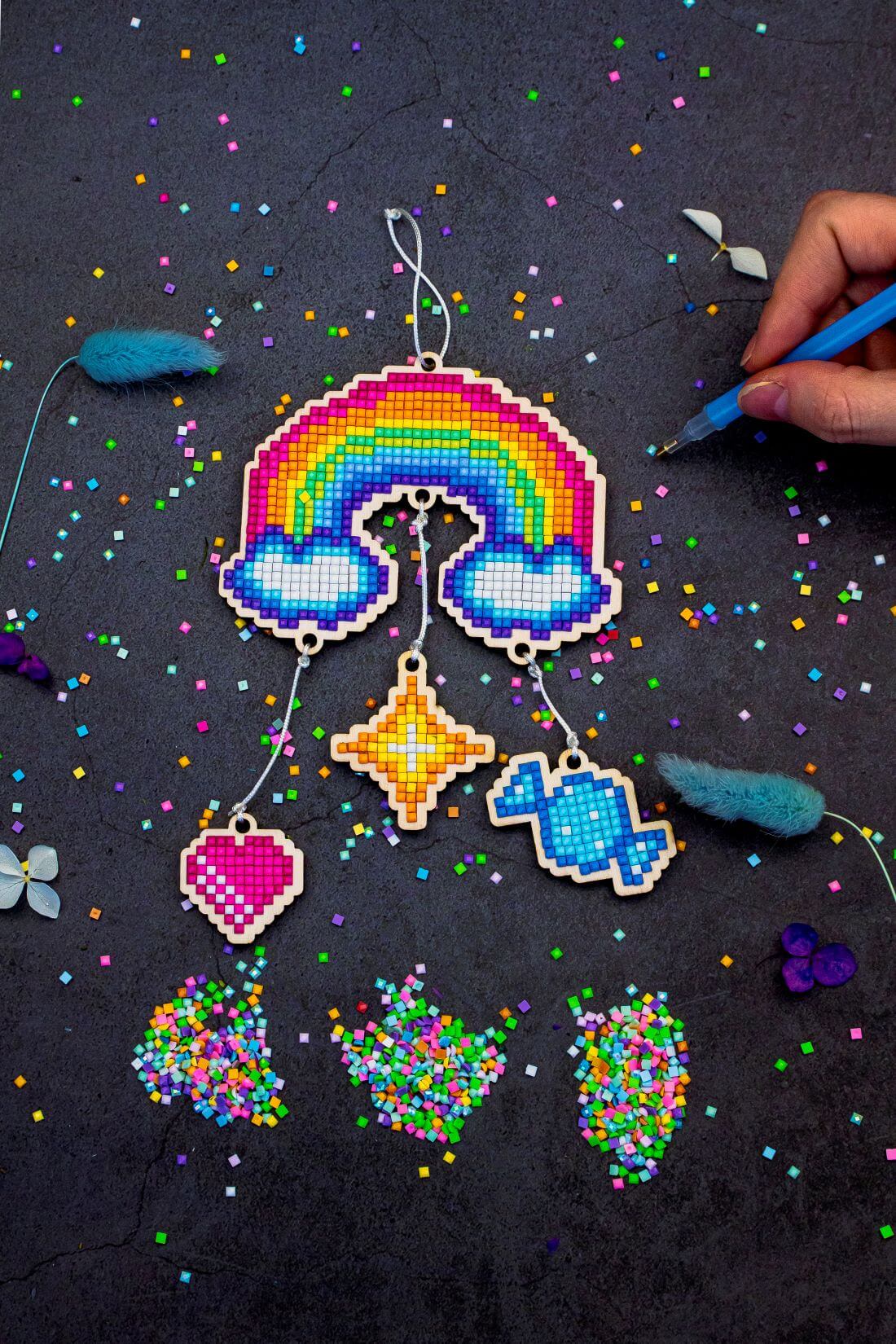 5D Diamond Painting 12.5x12.5 cm | Pendant Dreamcatcher Rainbow | Wooden Base (U26e) – Diamond painting | Varvikas.Shop