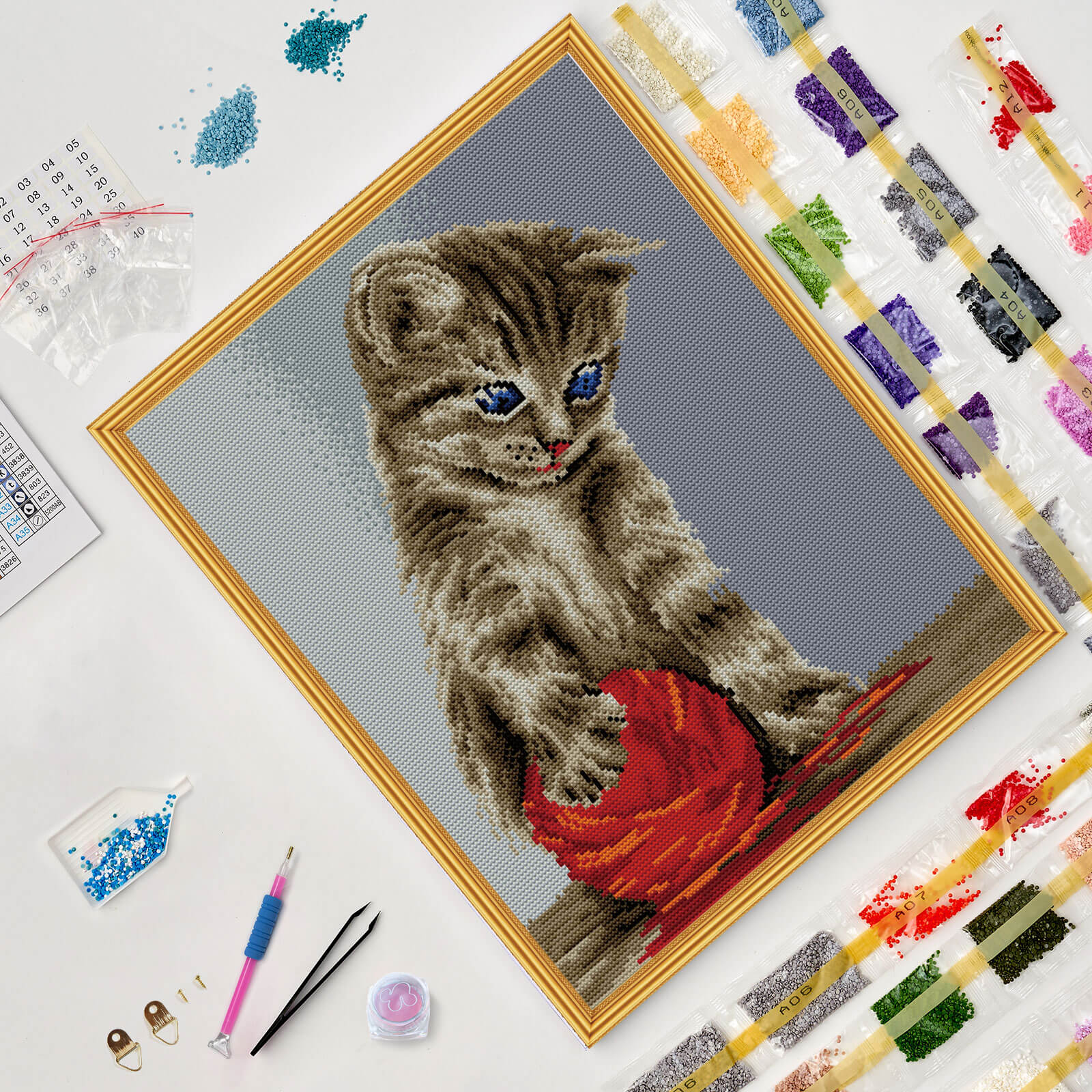 5D Diamond Painting 40x50 cm | Kitten with a red clew (LG012e) – Diamond painting | Varvikas.Shop