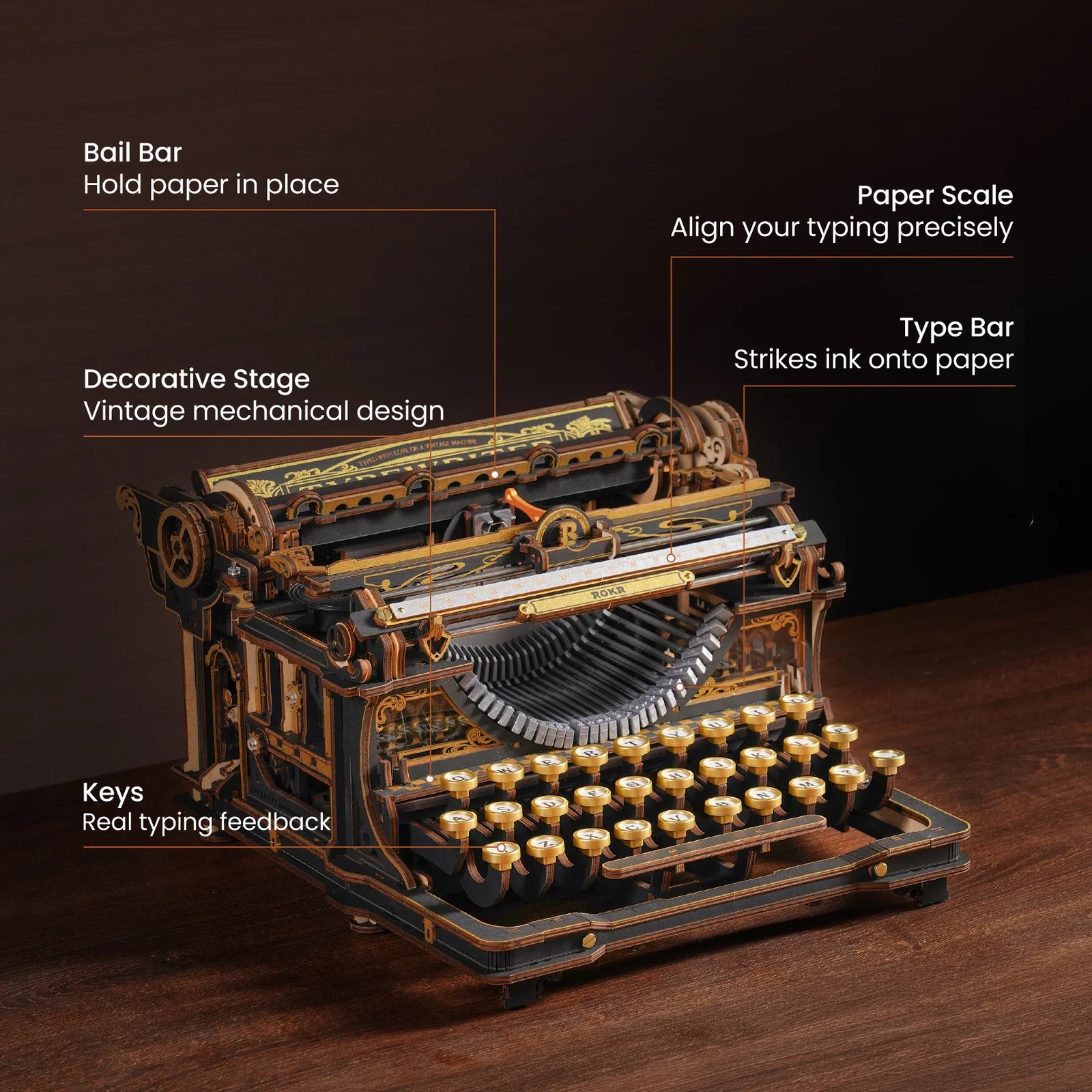 3D Wooden Mechanical Puzzle Kit, Mechanical Typewriter (Classic Version) (LK703Be)