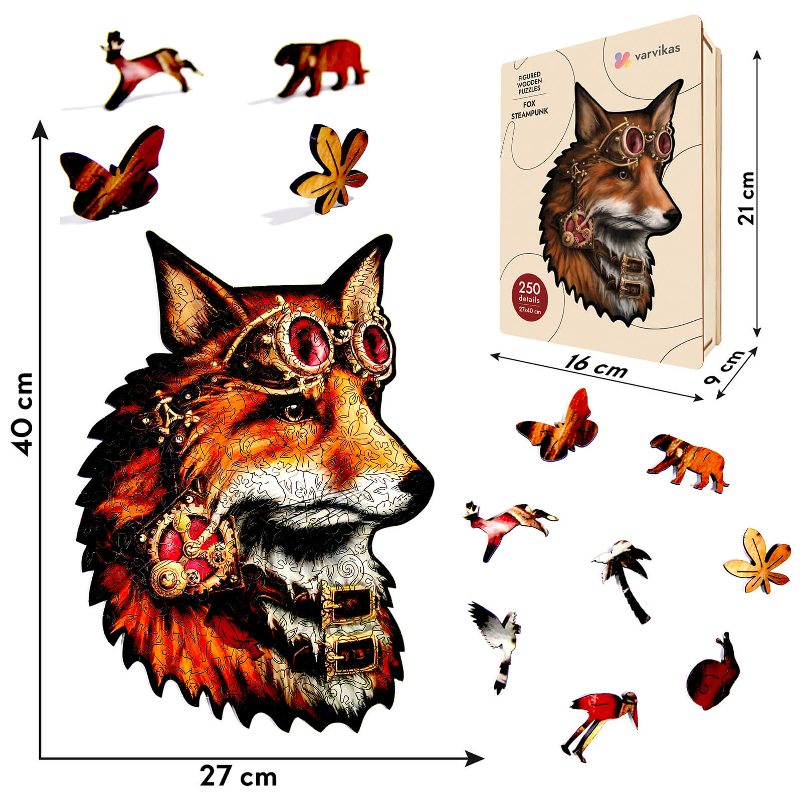 Wooden Jigsaw Puzzle 258 pcs | Steampunk Fox (PW008e) – Wooden puzzles | Varvikas.Shop