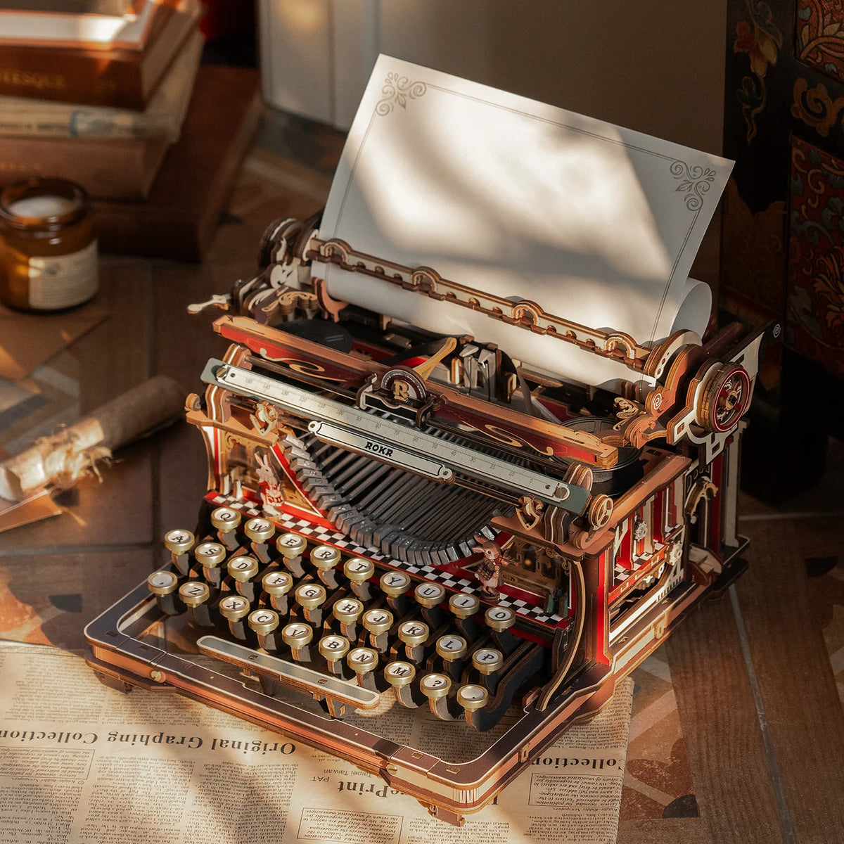 ROKR Magic Version typewriter on a desk in warm light — LK703Ce