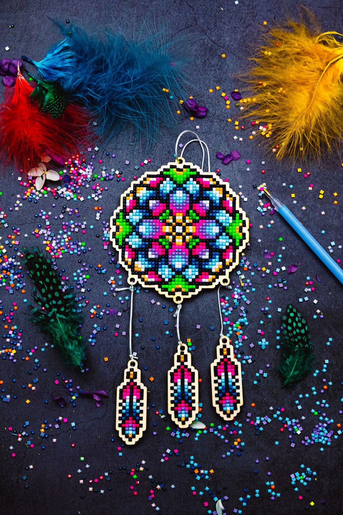5D Diamond Painting 12.5x12.5 cm | Pendant Dreamcatcher Flower | Wooden Base (U27e) – Diamond painting | Varvikas.Shop