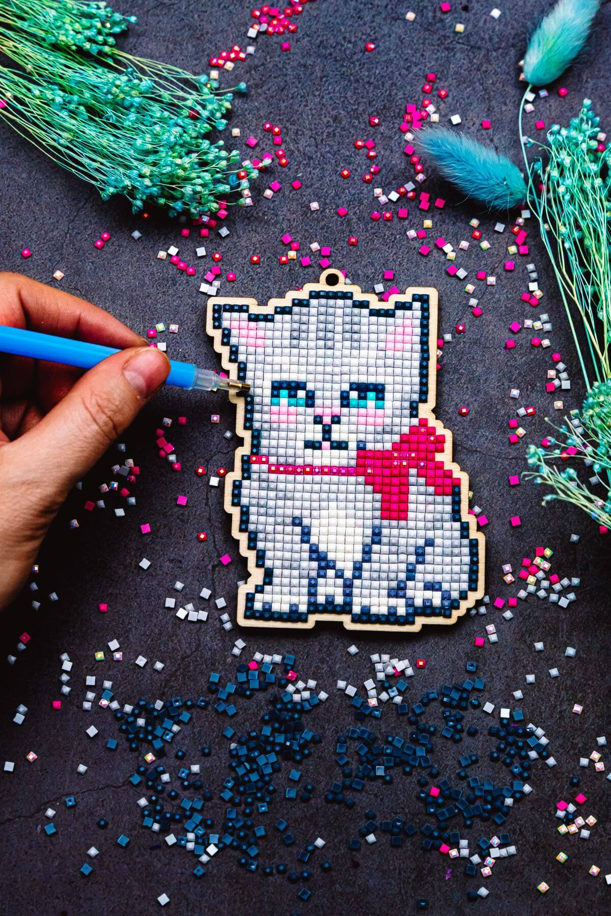 5D Diamond Painting 12.5x12.5 cm | Pendant Grey cat | Wooden Base (U08e) – Diamond painting | Varvikas.Shop