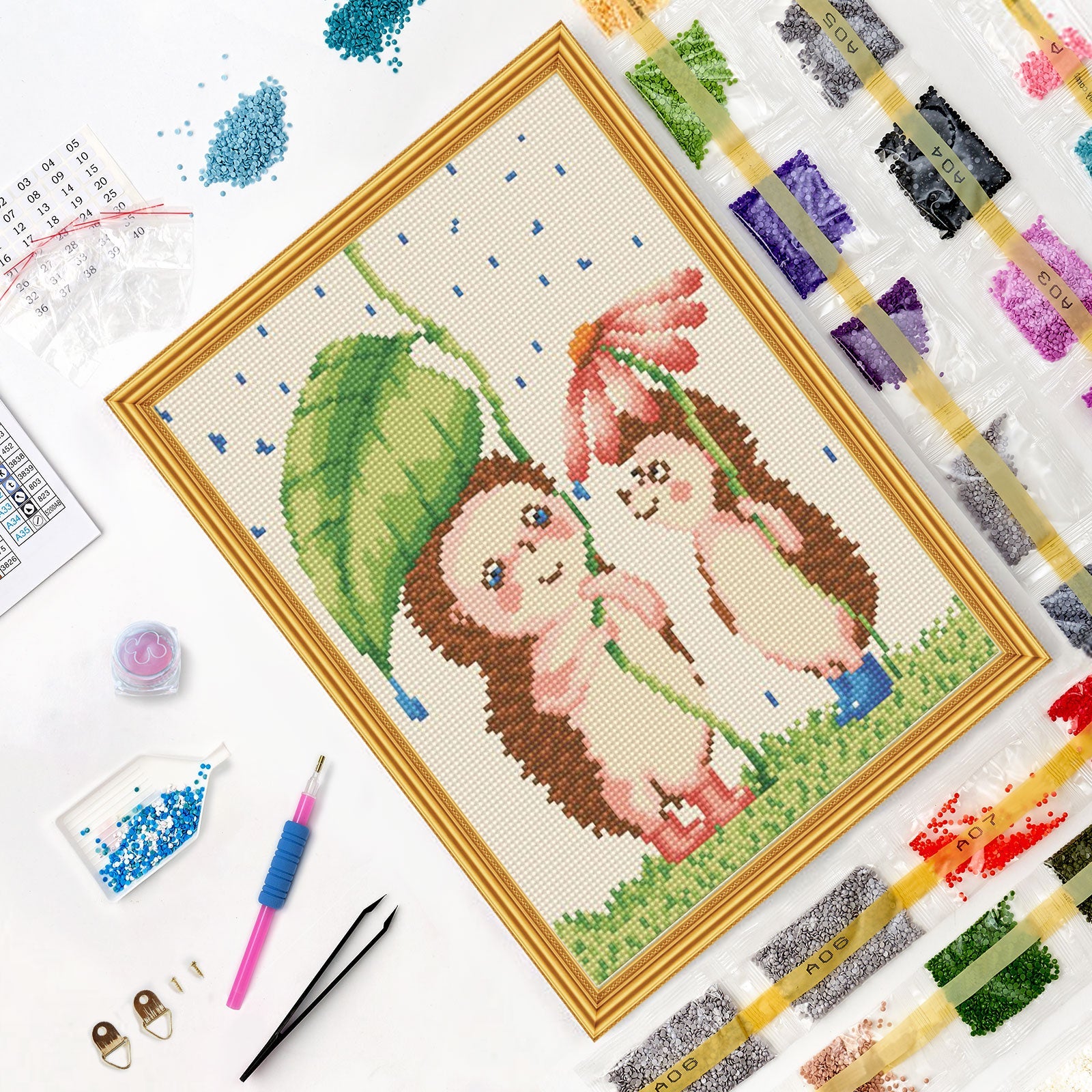 5D Diamond Painting 30x40 cm | Hedgehogs and rain (LE033e) – Diamond painting | Varvikas.Shop