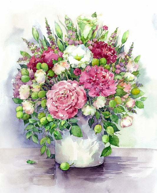 Diamond painting - LG025e - Bright peonies with green fruits in a white vase Image 1