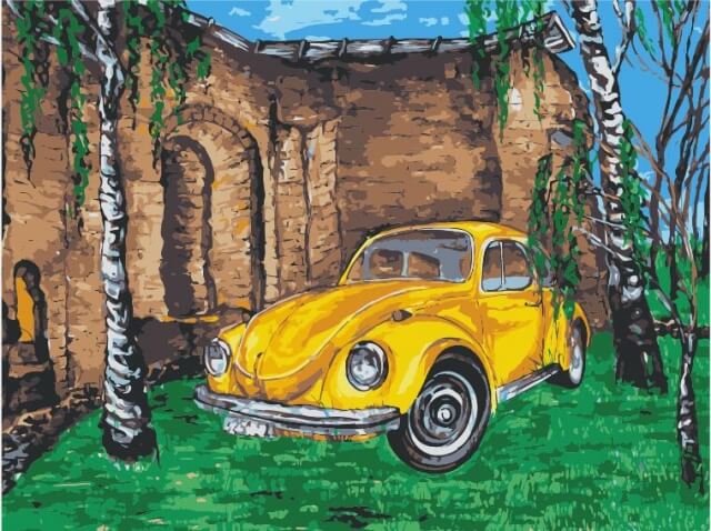 Painting by numbers - ME1056e - Yellow car among birches Image 1