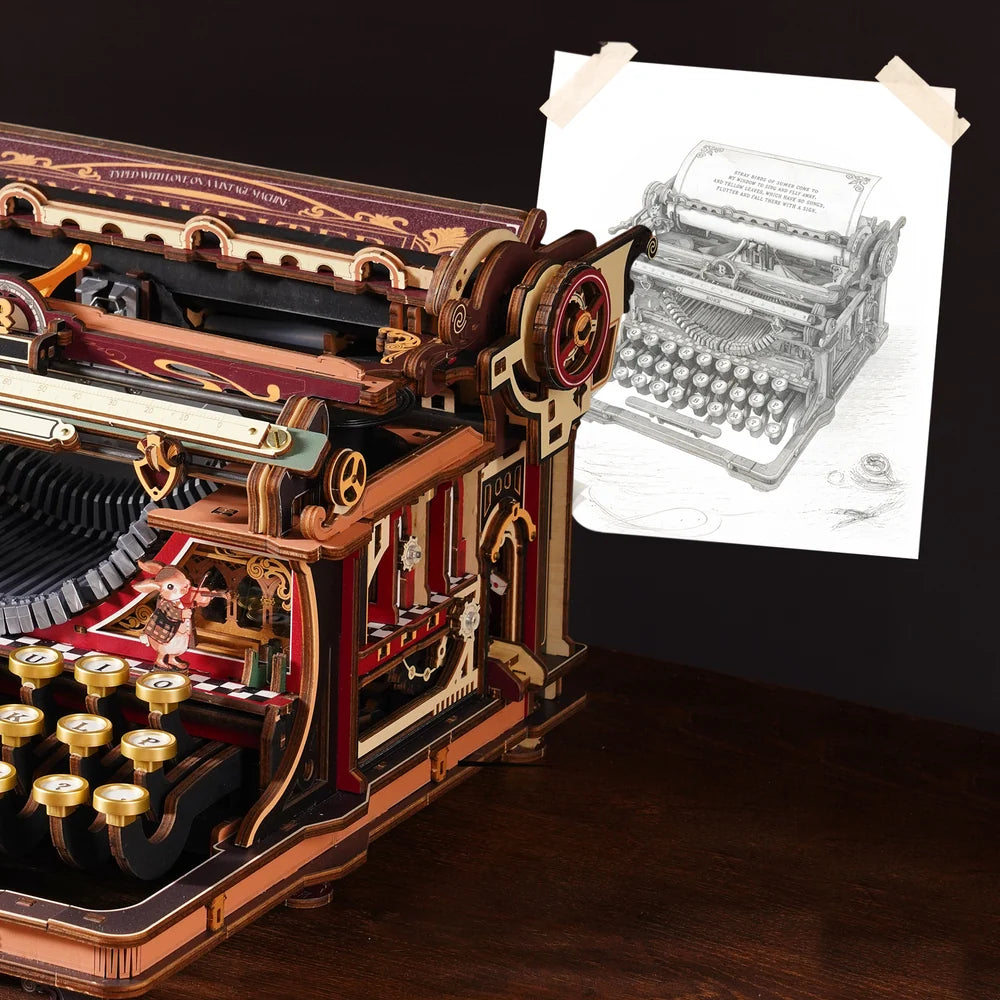 Side view of the decorated typewriter and paper roller — LK703Ce