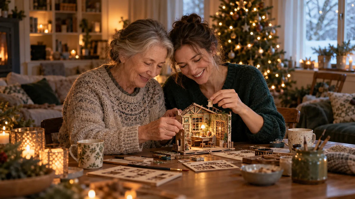 A mother and her adult daughter making a miniature house together at a Christmas table