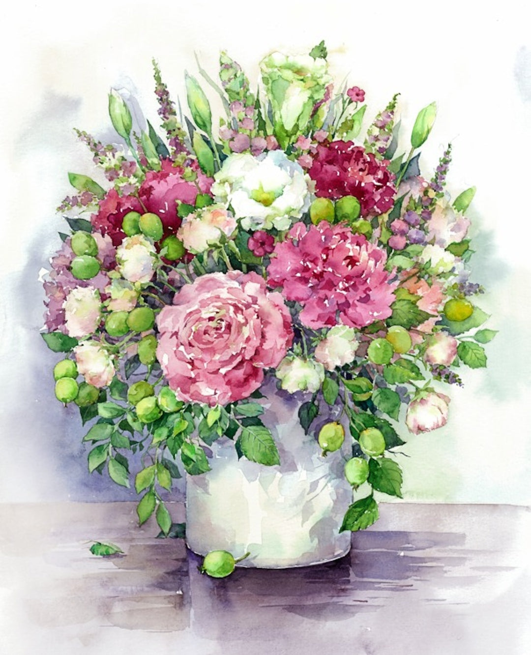 LG025e - Bright peonies with green fruits in a white vase