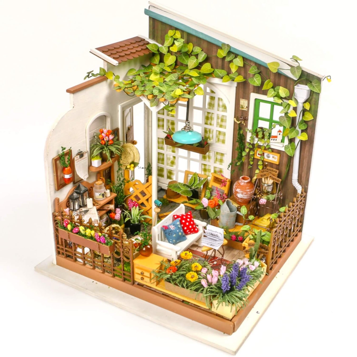 DIY Wall Hanging Miniature House Kit - Roombox - RB007e - Miller's flower house Image https://storage.yandexcloud.net/protsvetnoy-media/19489/RB007e_accessories_text.jpg