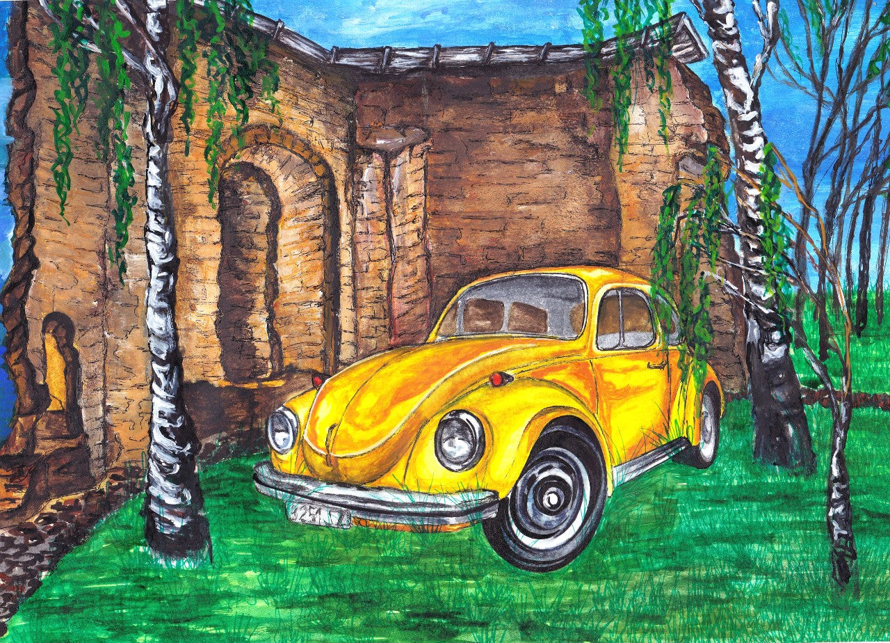 LE039e - Yellow Car Among the Birches